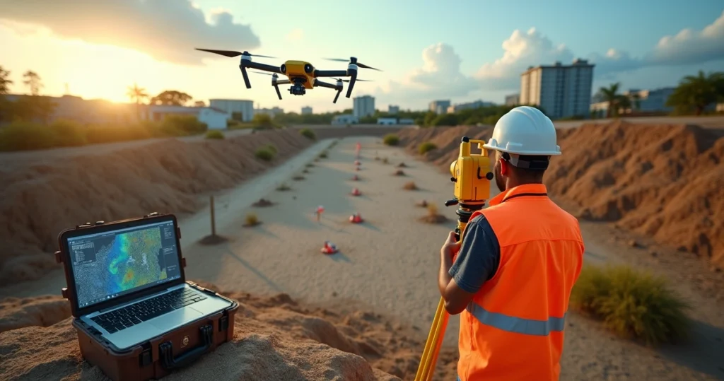 Topógrafo usando estação total e drone em área de obra com relevo detalhado