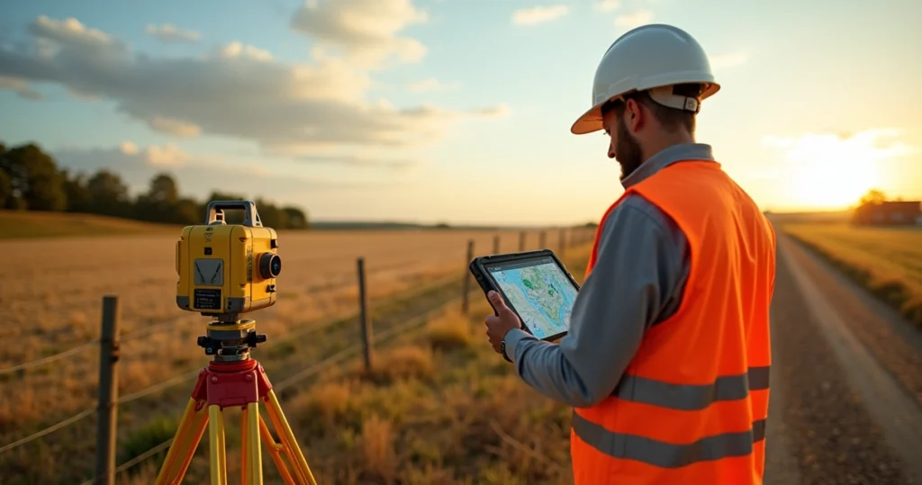 Topógrafo operando estação total em área rural com coleta de pontos georreferenciados