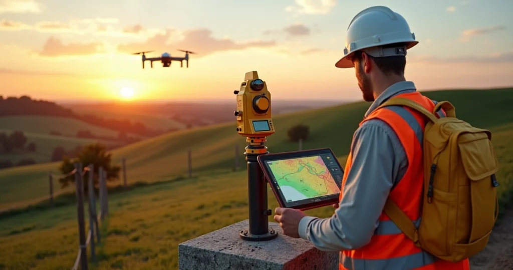 Engenheiro realiza levantamento topográfico em área rural ampla com GPS e marcos de georreferenciamento