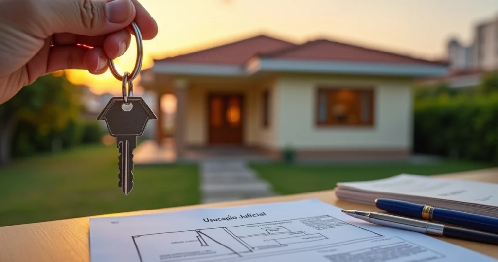 Cliente segura chave diante de casa regularizada com documentação de usucapião judicial