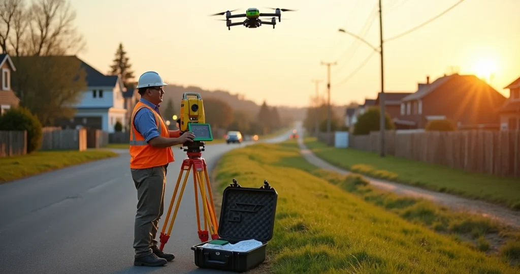 Topógrafo em campo usando drone entre área urbana e rural