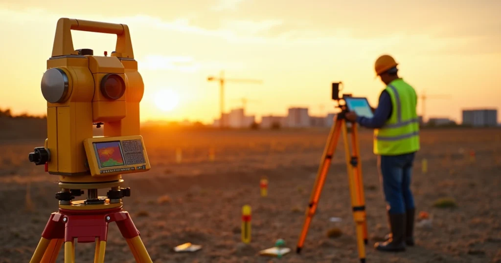 Topógrafo operando estação total em terreno com marcações e curvas de nível